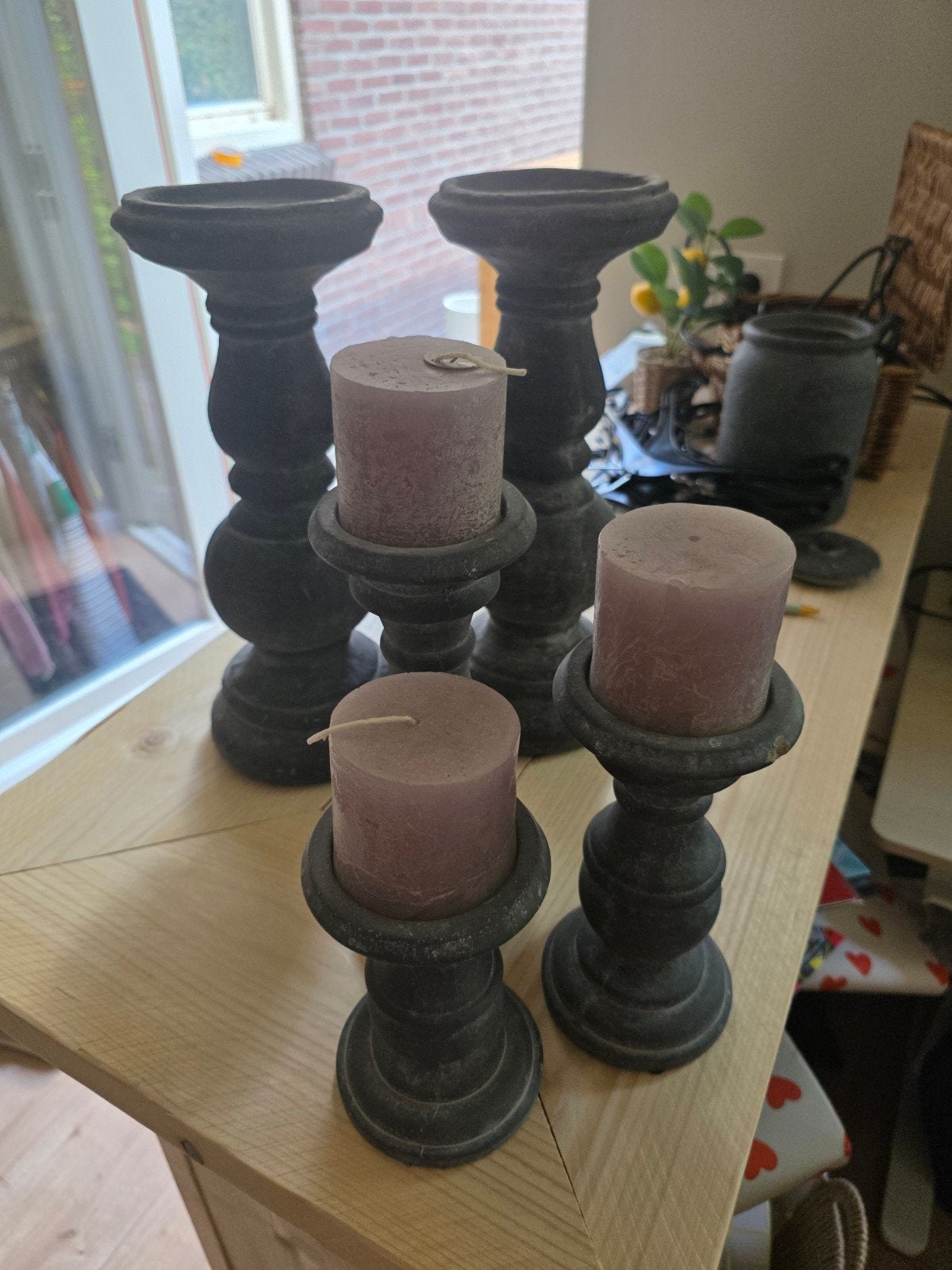 Brynxz set 5 kandelaars + 2  glazen windlichten + 3 kaarsen, Ophalen, X, X, X