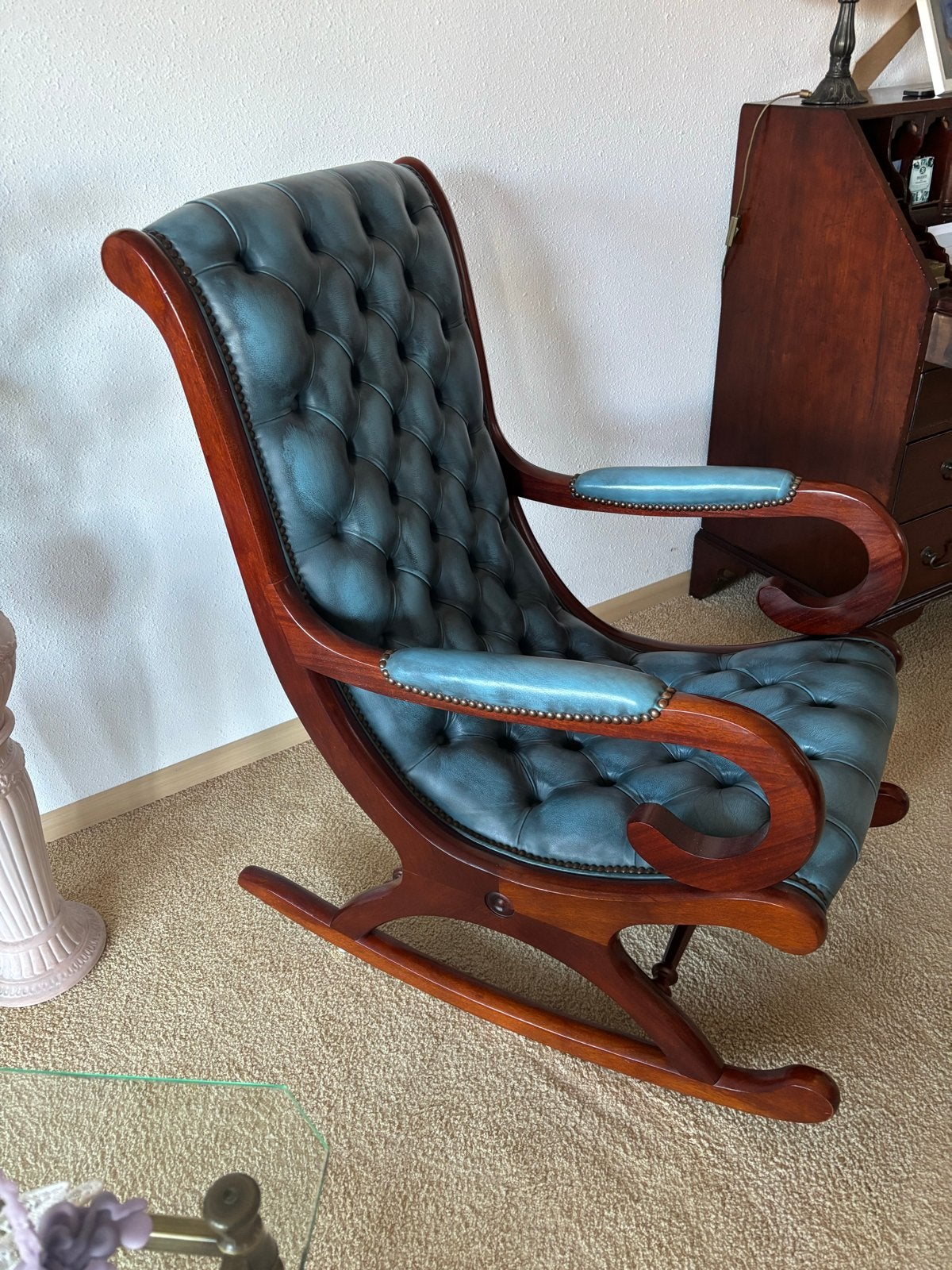 Springvale Chesterfield Schommelstoel - Blauw Leer, Ophalen, Blauw, Leer, Zo goed als nieuw