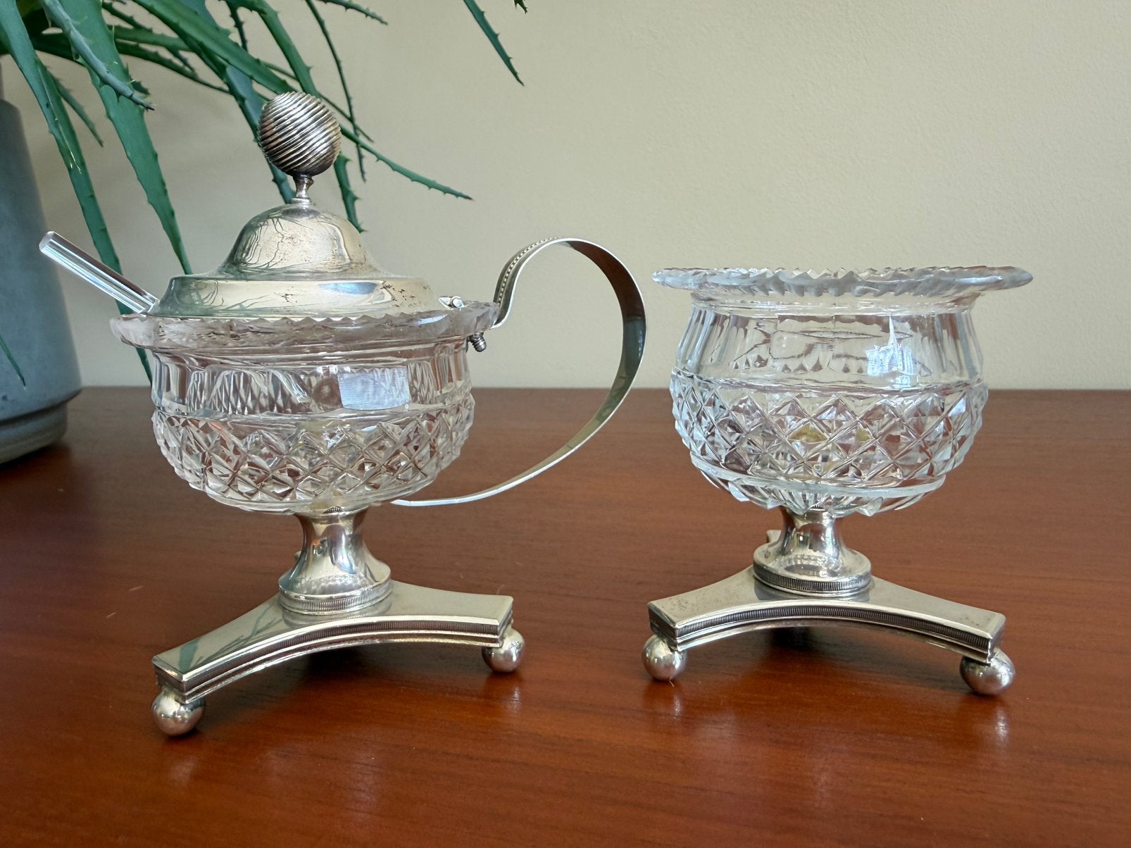 Antiek kristallen mosterdpot & zoutvat – zilver – ca. 1825, Antiek en Kunst, Ophalen of Verzenden, Zilver