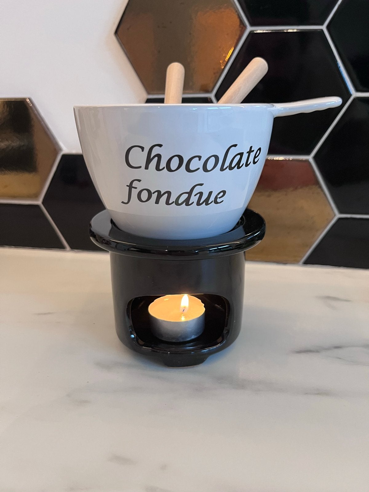 Chocoladefondue set met waxinelichtje en vorkjes, Ophalen of Verzenden, Zo goed als nieuw, Waxinelicht, Fondueset
