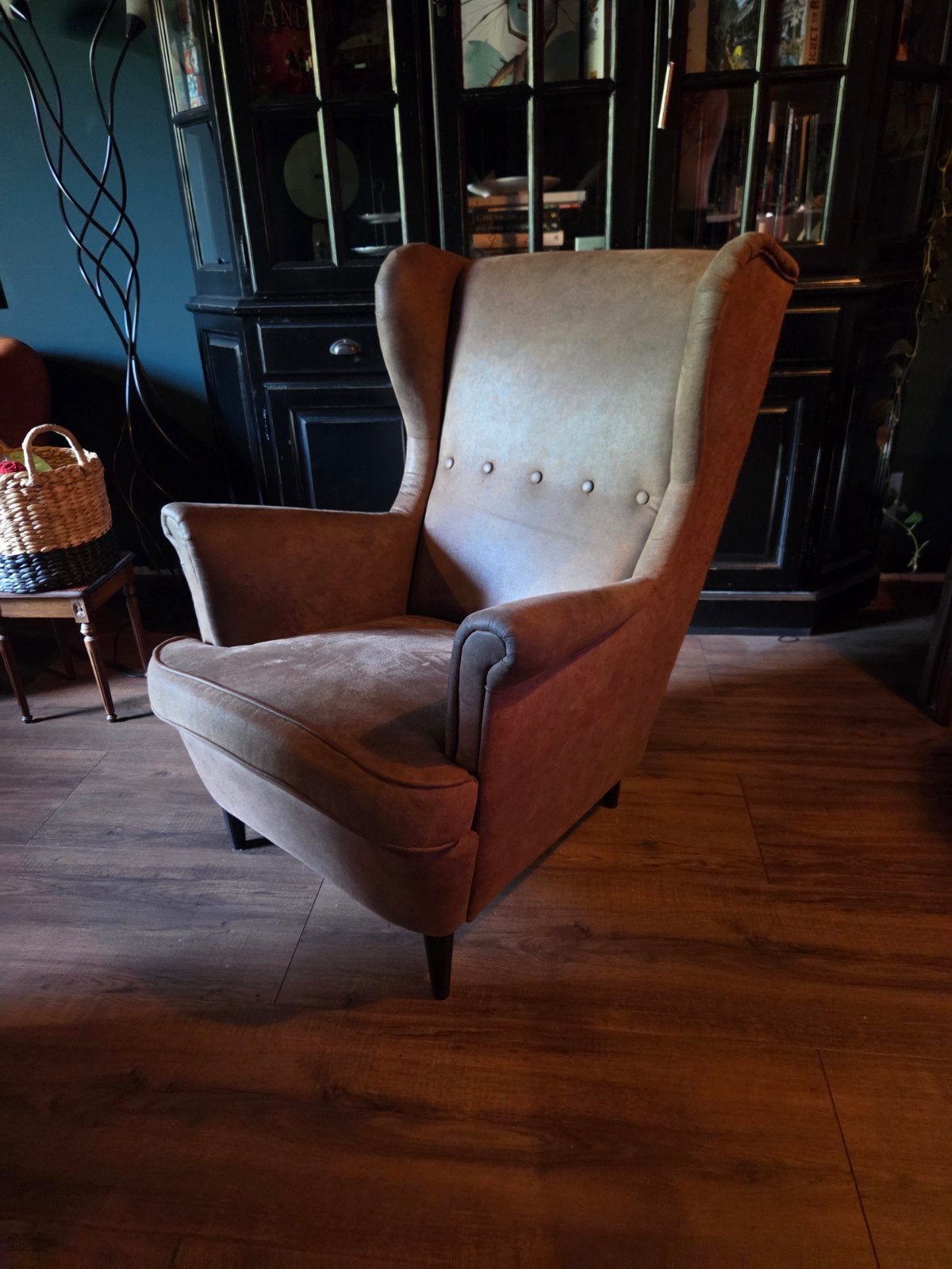 Ikea STRANDMON oorfauteuil - Bruin suède, Ophalen, Gebruikt, 75 tot 100 cm, 75 tot 100 cm