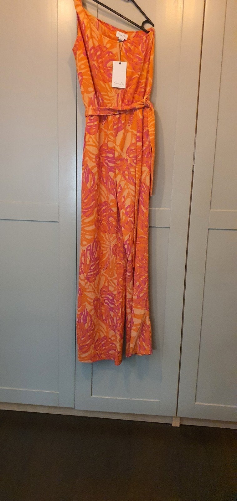 Cotton Club Jumpsuit - Oranje/Roze met Bladprint, Kleding | Dames, Jumpsuits, Maat 38/40 (M), Nieuw, Oranje, Ophalen of Verzenden