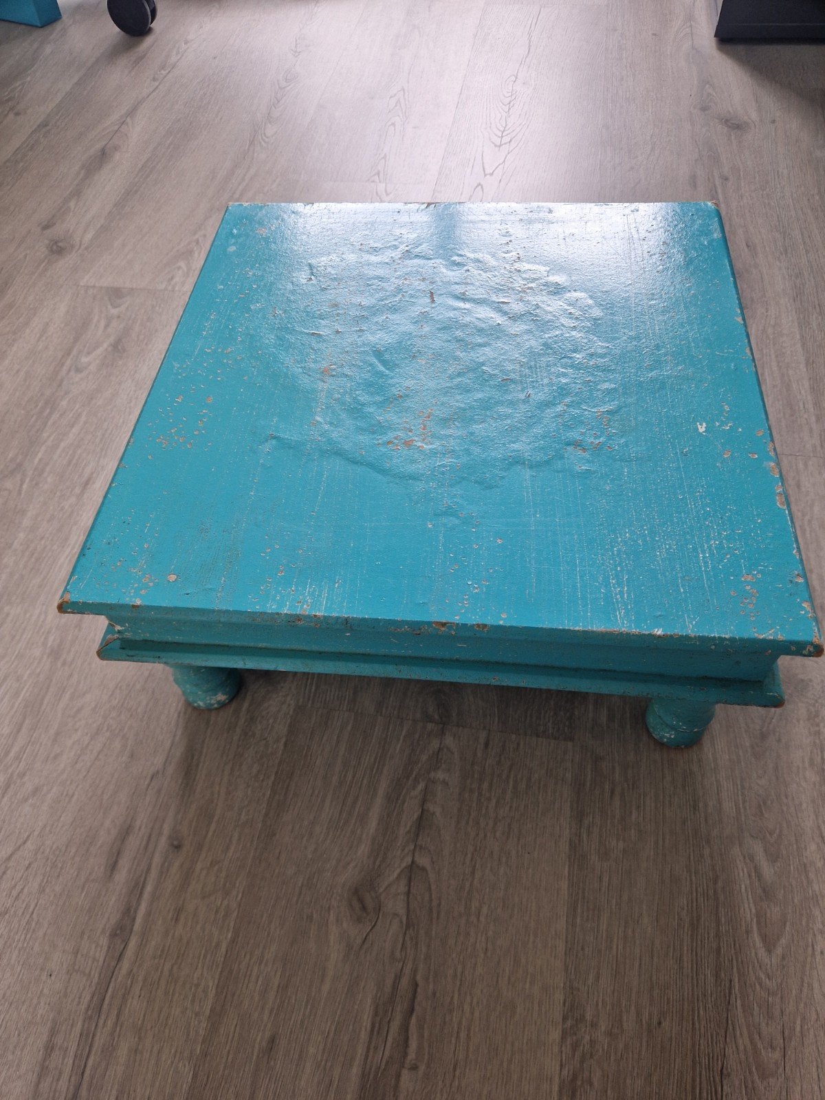 Decoratief houten krukje/voetenbankje - Turquoise, Antiek en Kunst, Ophalen of Verzenden