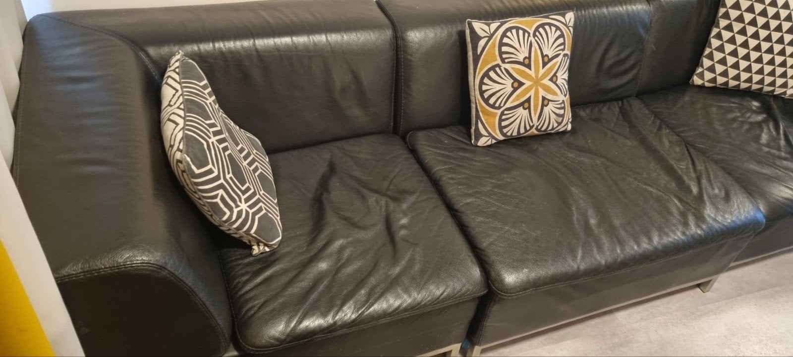 Zwarte 3 delige leren bank, 250 tot 300 cm, Gebruikt, 100 tot 125 cm, Hoekbank