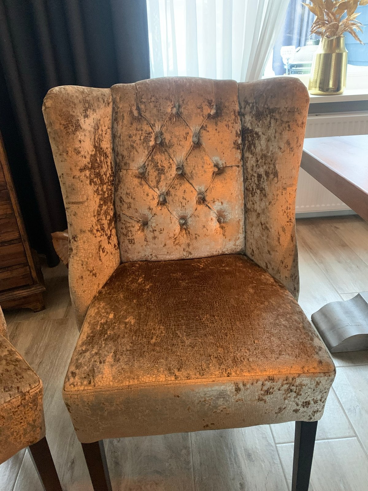 2x Gouden Eetkamerstoelen - Reu de Rosa Oss, Huis en Inrichting, Stoelen, Gebruikt, Twee, Stof, Overige kleuren, Ophalen of Verzenden