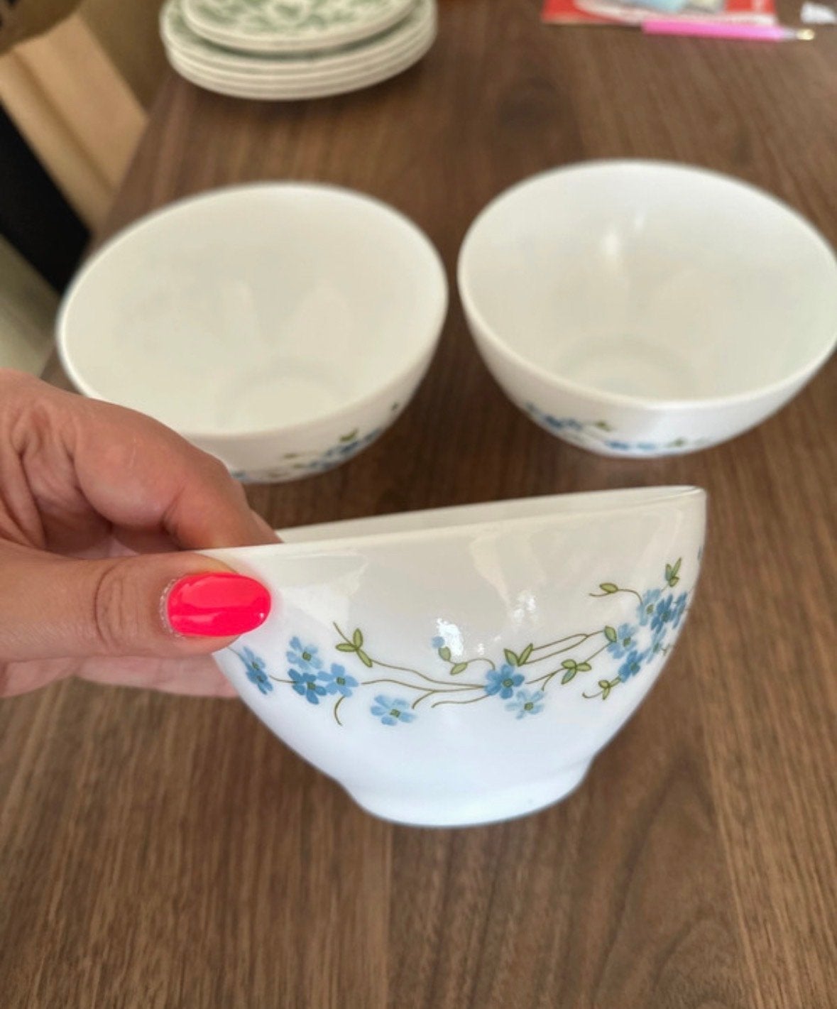 3 Arcopal kommen 13 cm met vergeet me nietjes, Gebruikt, Overige merken, Vintage, Ophalen of Verzenden