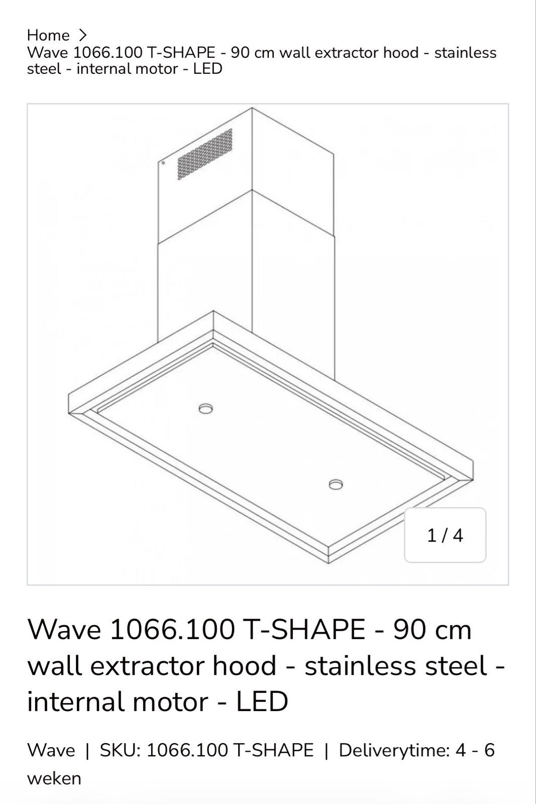 Wave 1066.100 T-SHAPE 90 cm wand afzuigkap RVS, Witgoed en Apparatuur, Ophalen, Wandschouwkap, Nieuw, Vrijstaand