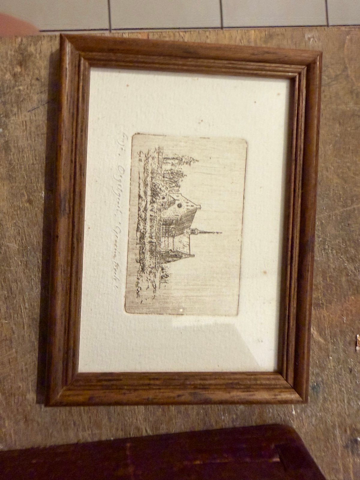 Oegstgeest Groene Kerkje - Ingelijste Ets 10x15 cm, Ophalen, Ingelijst, Ets, Architectuur
