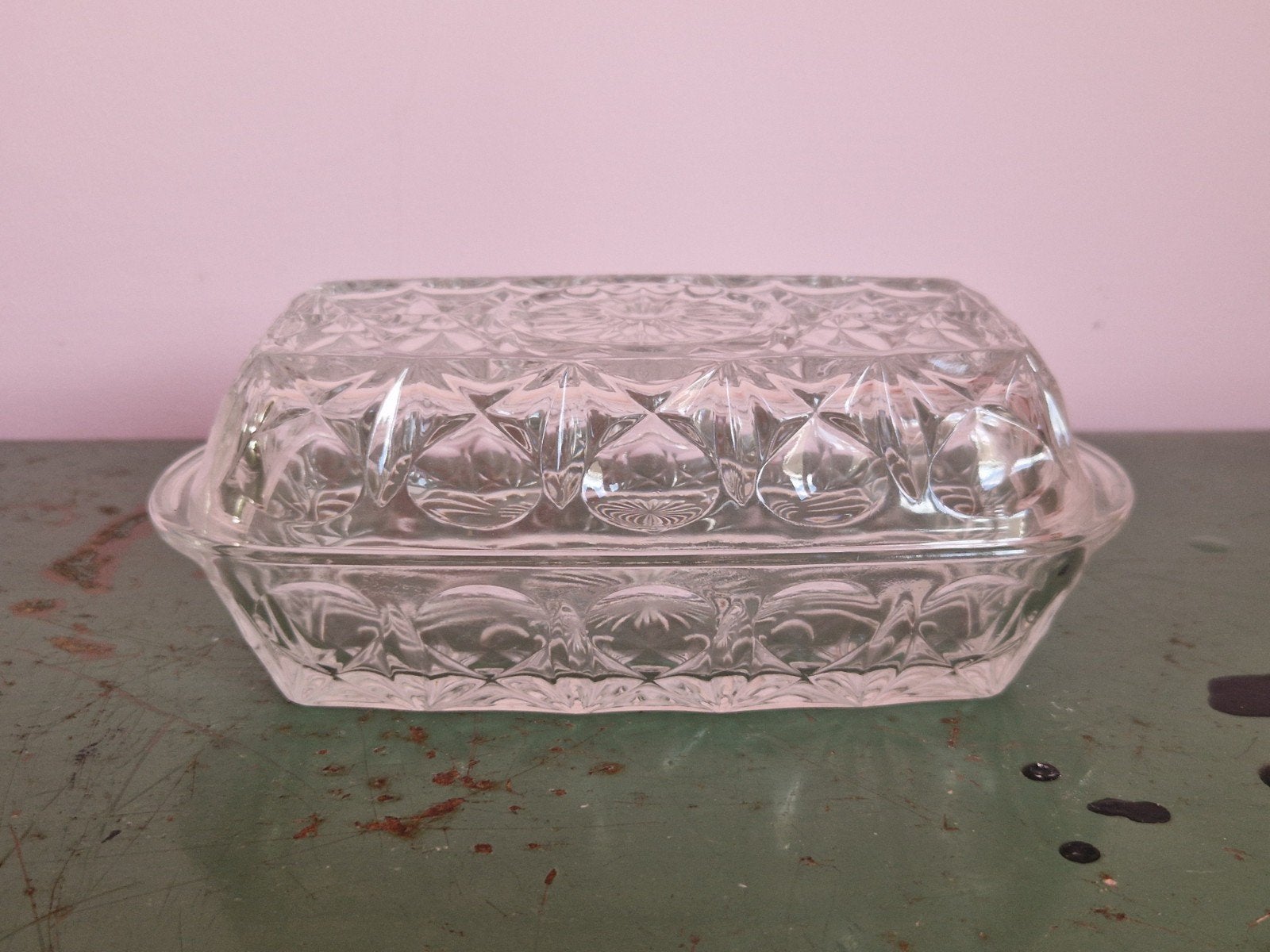 Vintage Reims glazen botervloot met geometrisch ontwerp, Antiek en Kunst, Antiek | Glas en Kristal, Ophalen of Verzenden