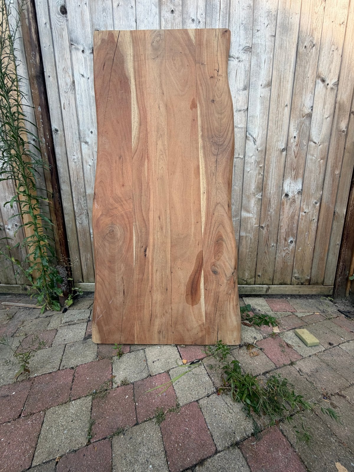 Massief houten tafelblad met metalen poten en 6 krukken, Huis en Inrichting, Ophalen, Gebruikt, 50 tot 100 cm, 150 tot 200 cm