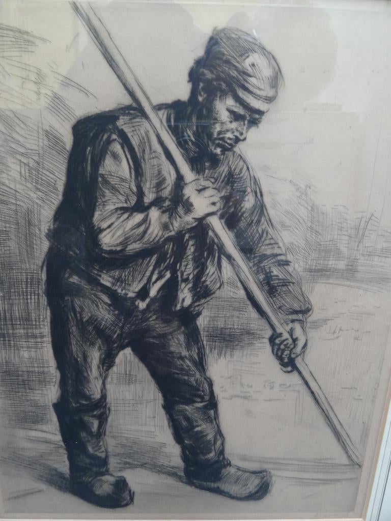 ets man op klompen die baggert met een stok, W. Dingemans, Dagelijks leven, Origineel, 1900 - 1949, Verzenden
