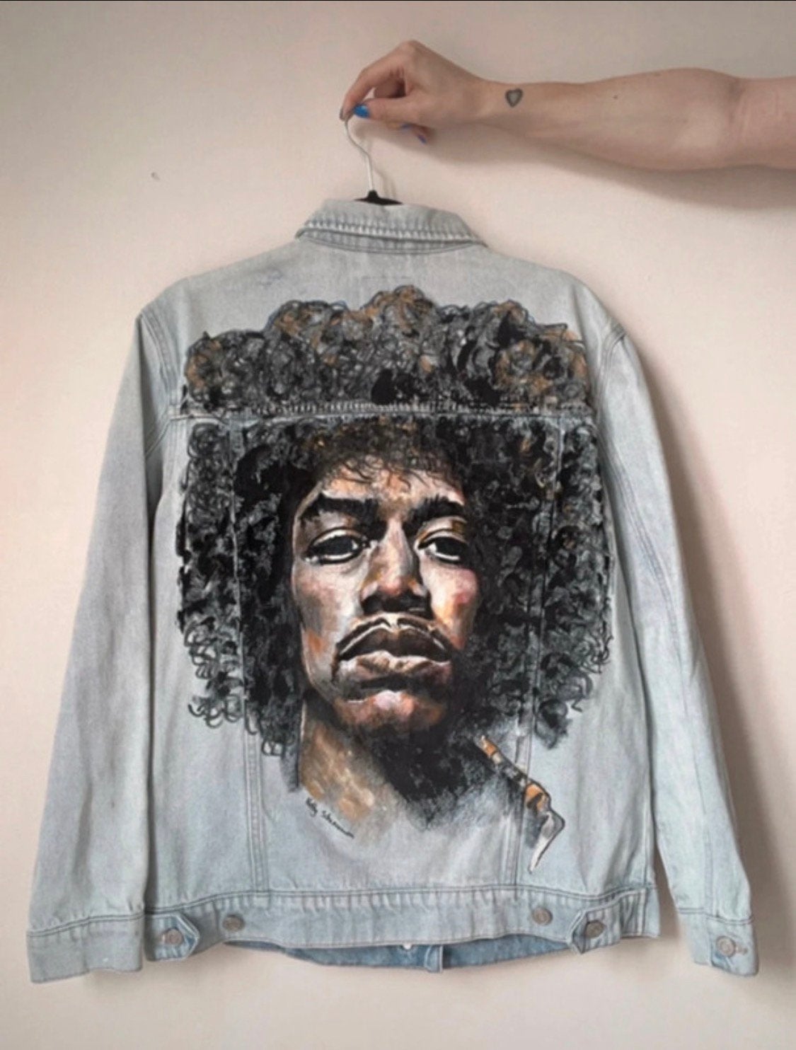 Jimi Hendrix spijkerjas, S. Denim collectors item schilderij, Kleding | Dames, Handgemaakt, Maat 36 (S), Gedragen, Verzenden