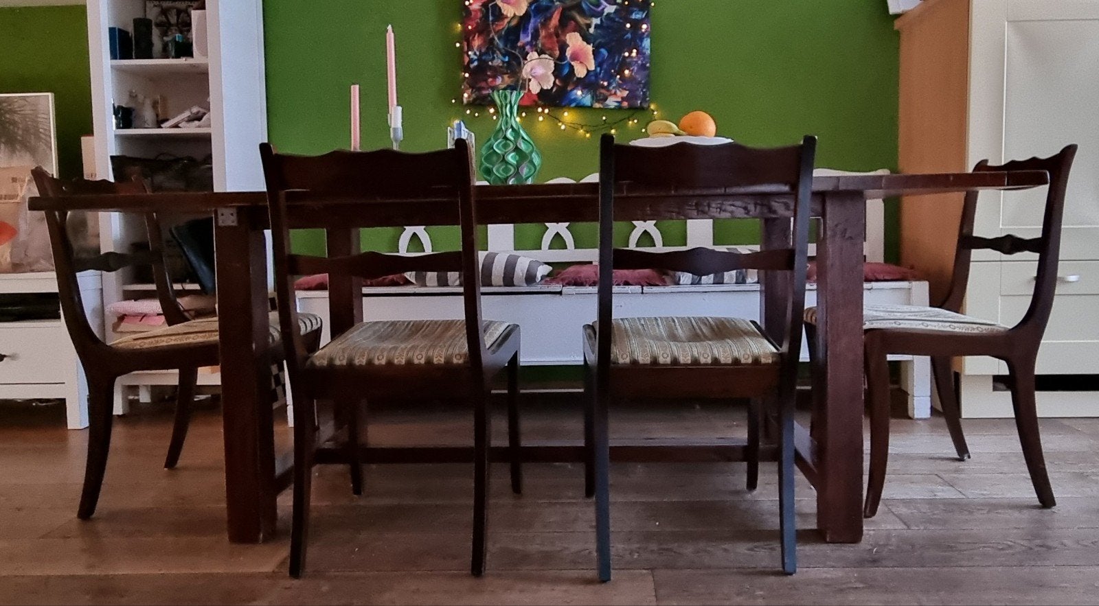 Complete, sfeervolle eetkamerset met vintage ladenbank, Ophalen, Gebruikt, Rustiek, Frans, 4 tot 6 stoelen