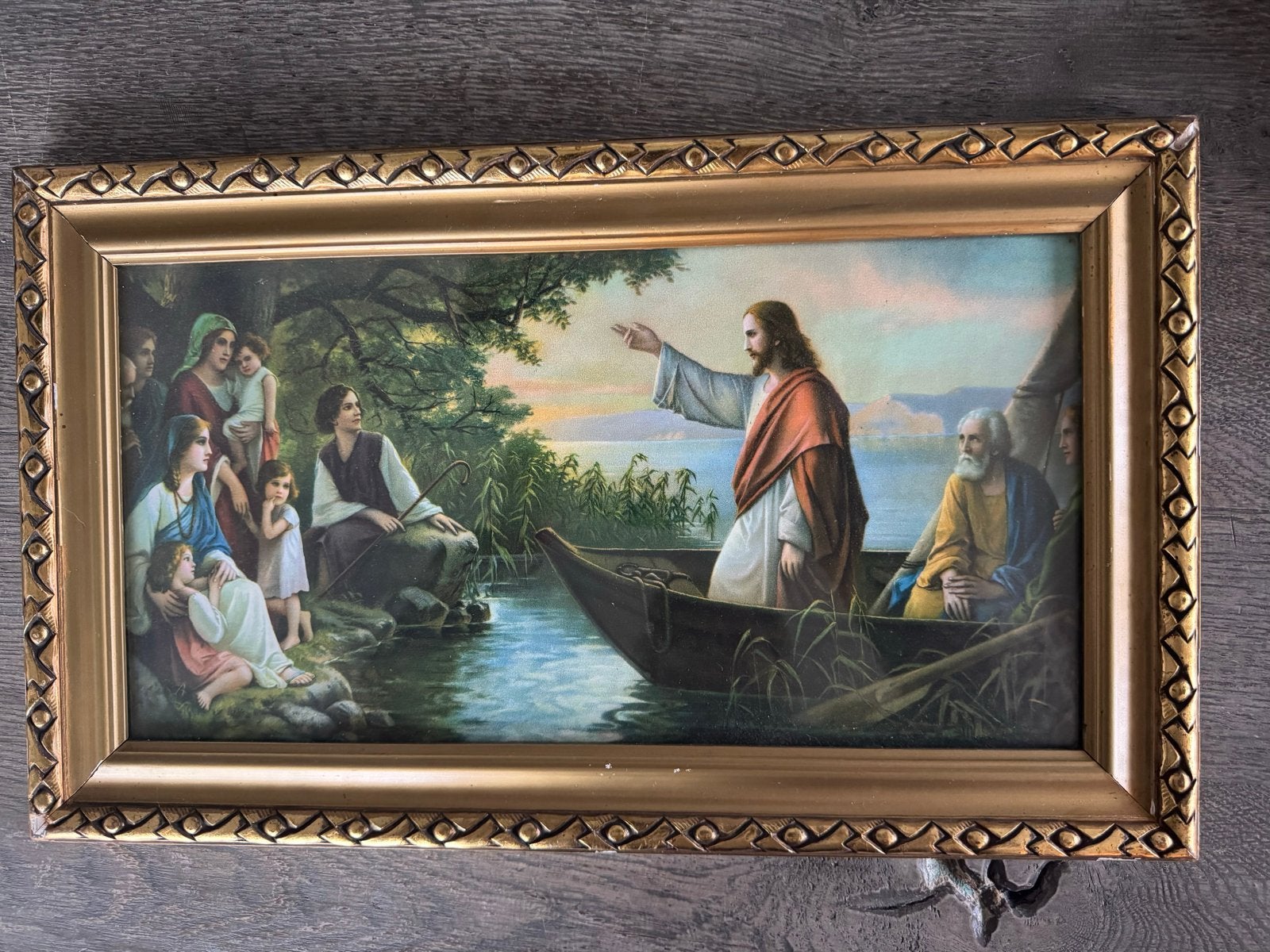 Vintage religieuze prent Jezus in boot, 44x27 cm, Ophalen of Verzenden