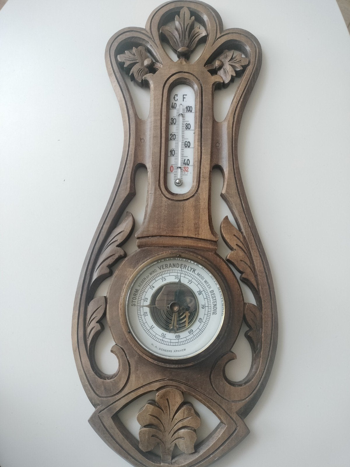 Antieke Barometer en Thermometer  Arnhem 50cm, Ophalen of Verzenden, Gebruikt, Barometer