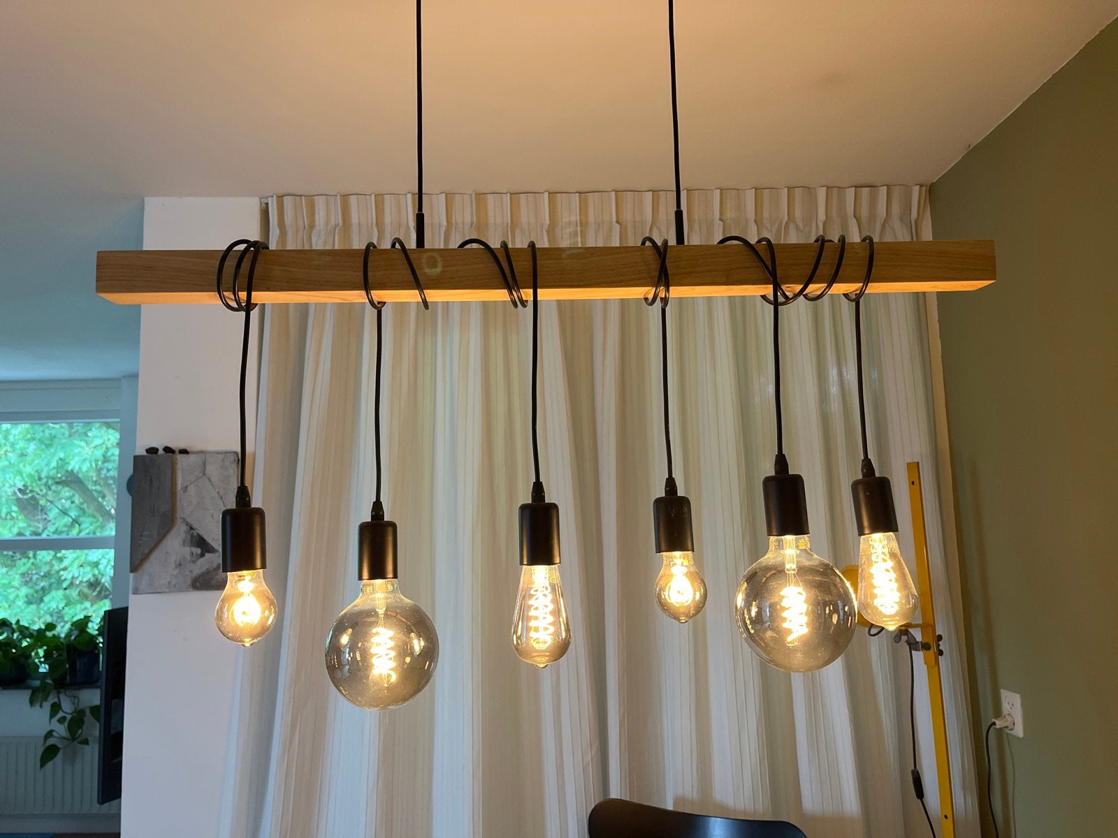 Praxis eettafellamp - 100cm lang, verstelbare lampen, Ophalen, Gebruikt, Hout, E27 (groot)