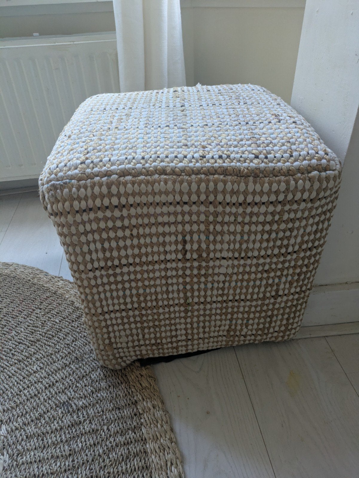 Crème linnen poef 60x60 cm - Gevlochten stof, Ophalen, Gebruikt, Stof, 50 tot 75 cm