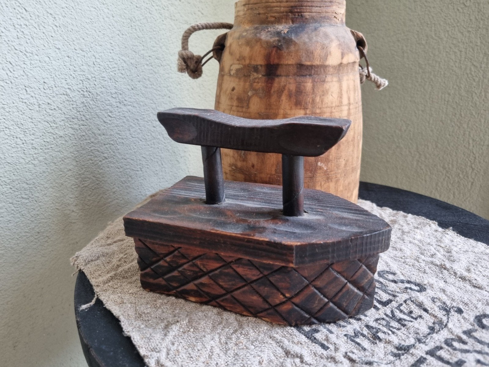 Unieke houten strijkijzer doos - Vintage decoratie, Hout, Gebruikt, Ophalen of Verzenden, Landelijk