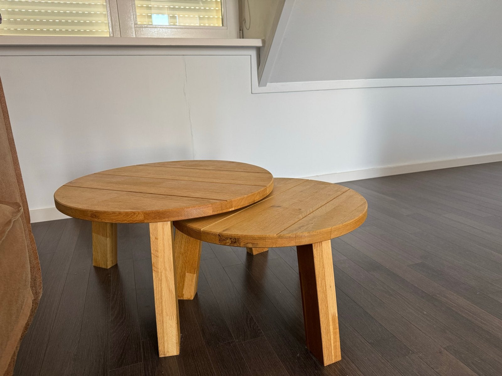 Set van 2 massief eikenhouten salontafels - Woood, Huis en Inrichting, Tafels | Salontafels, Ophalen, Eikenhout, 50 tot 100 cm