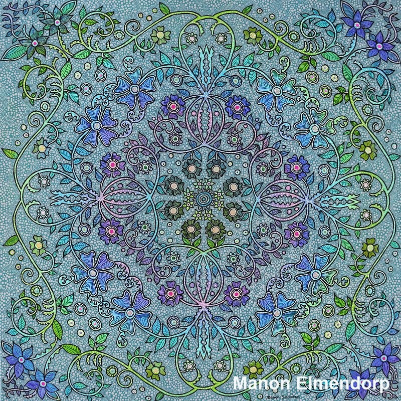 Handgeschilderd Uniek Schilderij Bloemen Mandala 80 x 80 cm, Ophalen, Acrylverf, Op houten frame, Overige materialen