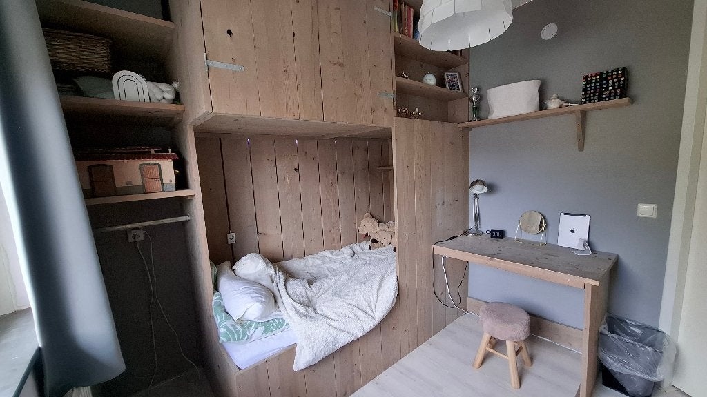Steigerhouten bed met bureau en kast 90x200, Huis en Inrichting, Slaapkamer | Bedden, Ophalen, Gebruikt, 90 cm, Eenpersoons