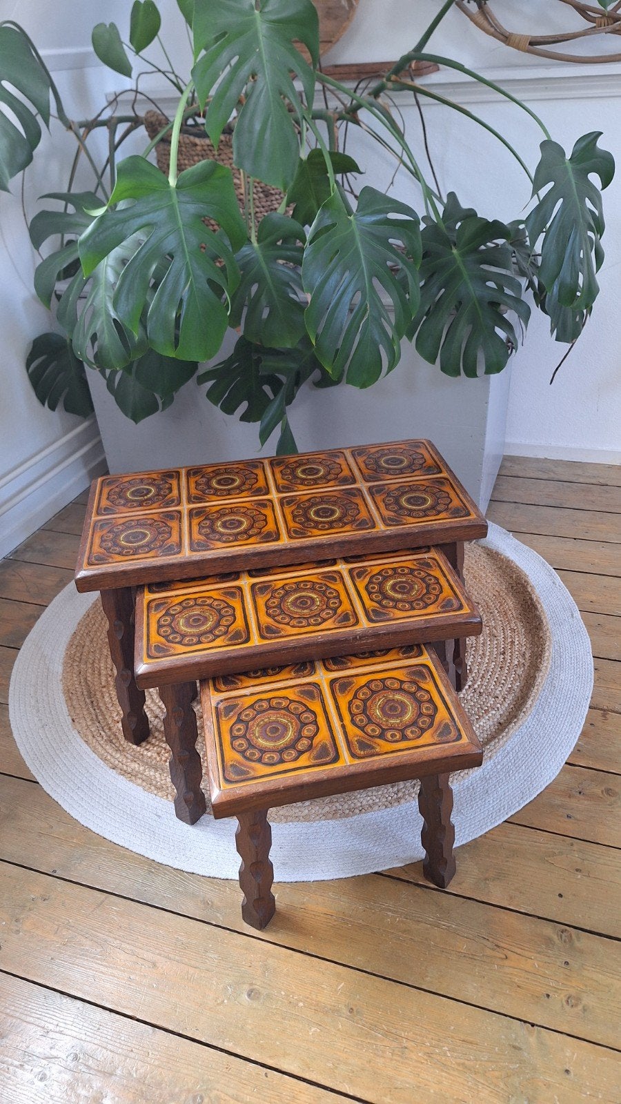 Set van 3 Vintage Bijzettafels met Tegels - Jaren '70, Ophalen, Gebruikt, 50 tot 100 cm, Minder dan 50 cm