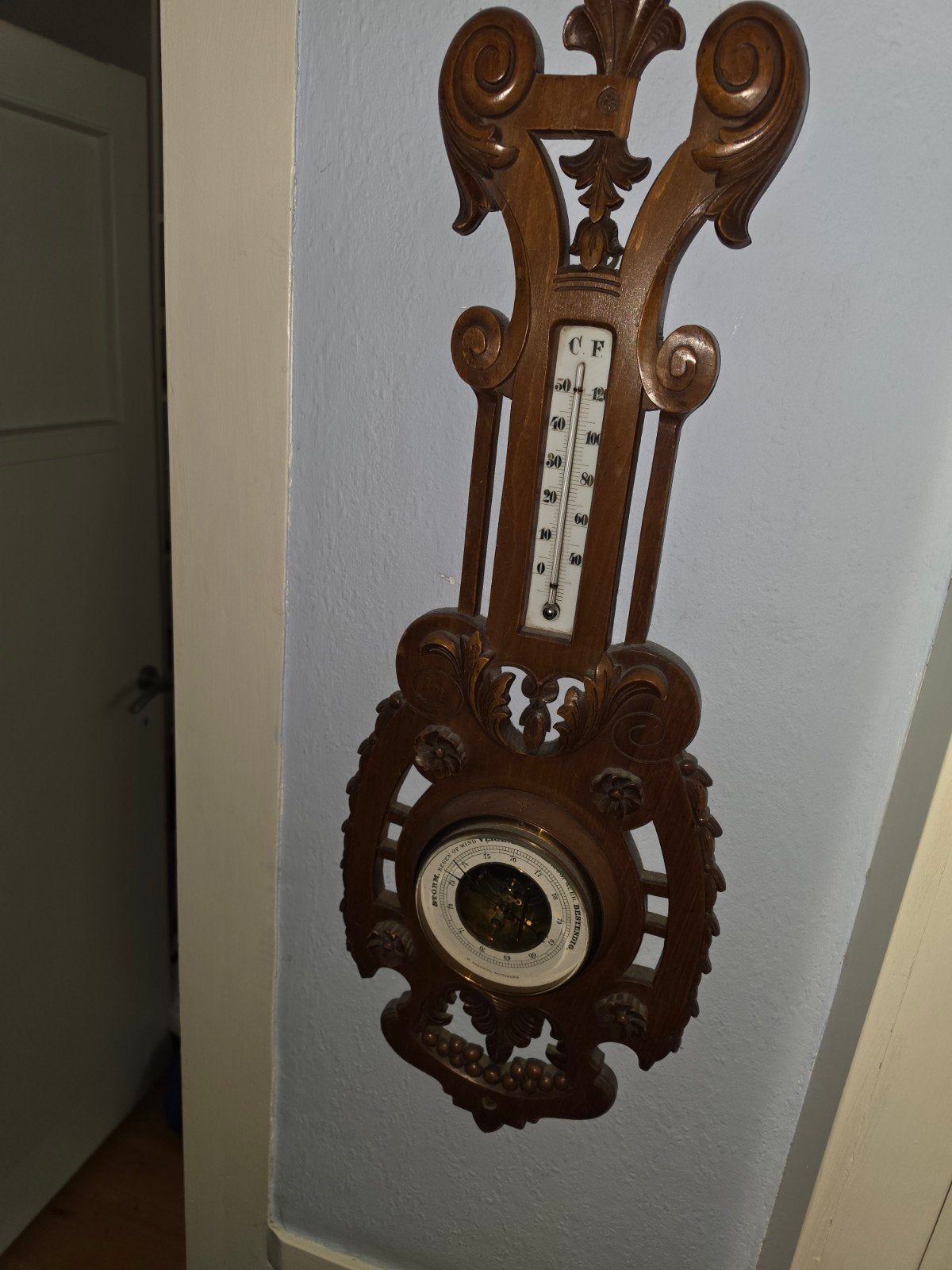 Antieke Barometer en Thermometer - Houten Weerstation, Ophalen, Gebruikt, Weerstation