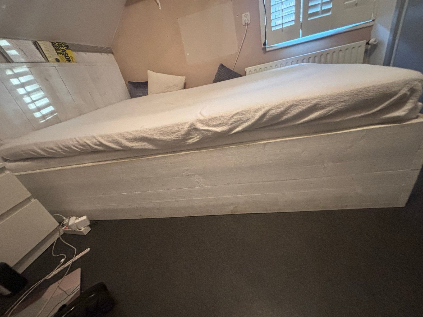 Steigerhouten tweepersoonsbed met lattenbodems en set, Ophalen, Gebruikt, Wit, Steigerhout