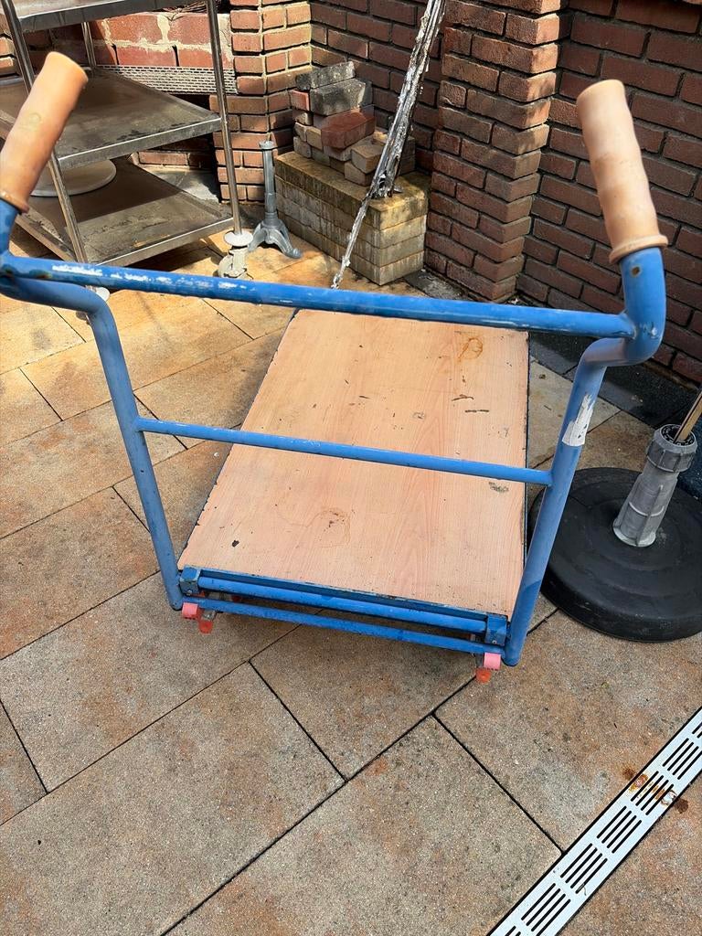 Blauwe transportkar met houten plateau, Ophalen of Verzenden, Gebruikt, Transportkar