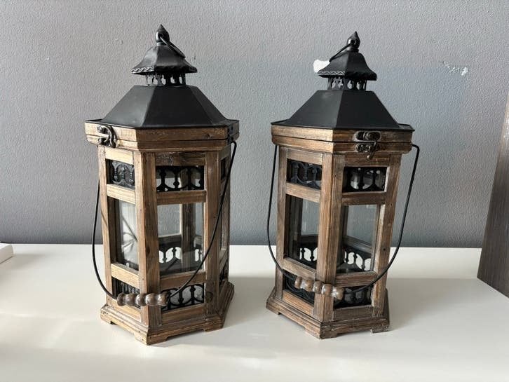 Set van 2 houten lantaarns, Ophalen, Hout, Bruin, Landelijk