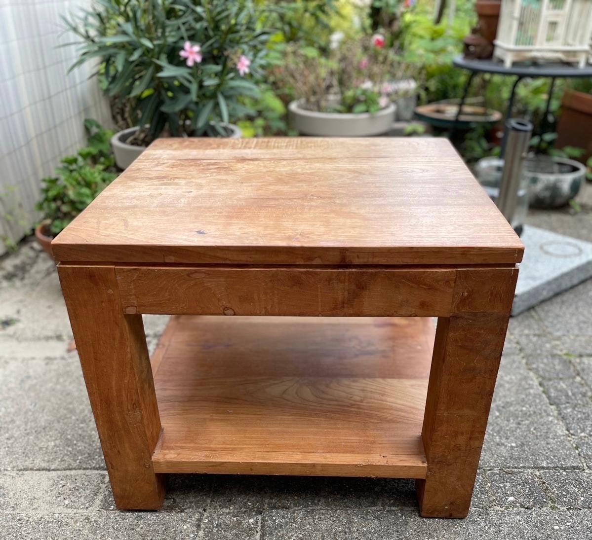 Massief teak houten bijzettafel met opbergplank, Ophalen, Gebruikt, Vierkant, 50 tot 100 cm