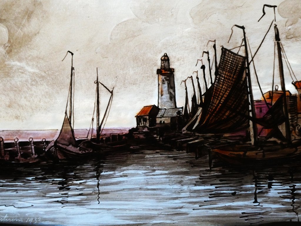 Glas in lood Gezicht op de haven Urk Gerard Mesterom, Antiek en Kunst, Ophalen of Verzenden