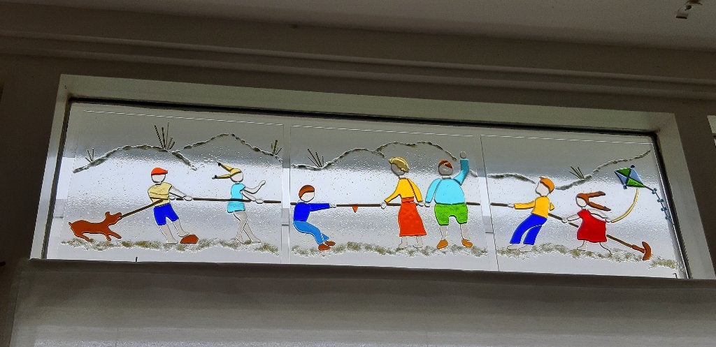 Handgemaakte glaspanelen voor bovenlicht of raamkozijn, Ophalen, 30 cm, Gebruikt, Meerkleurig