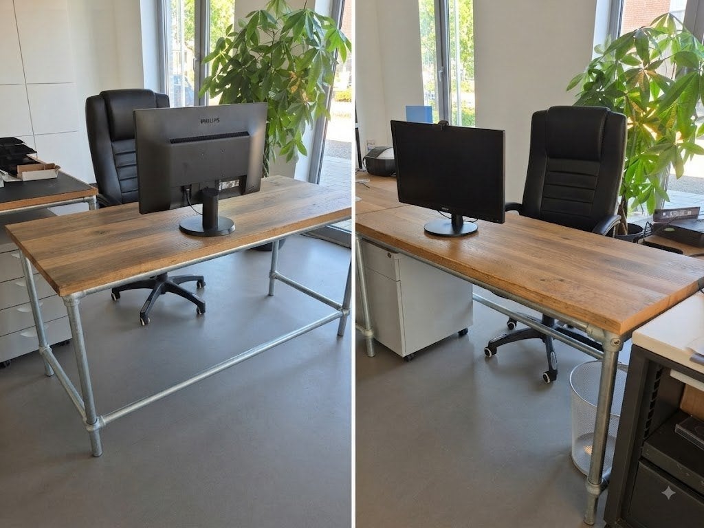Industrieel bureau met houten blad en metalen onderstel, Ophalen, Demontabel, 180 cm, Hoekbureau
