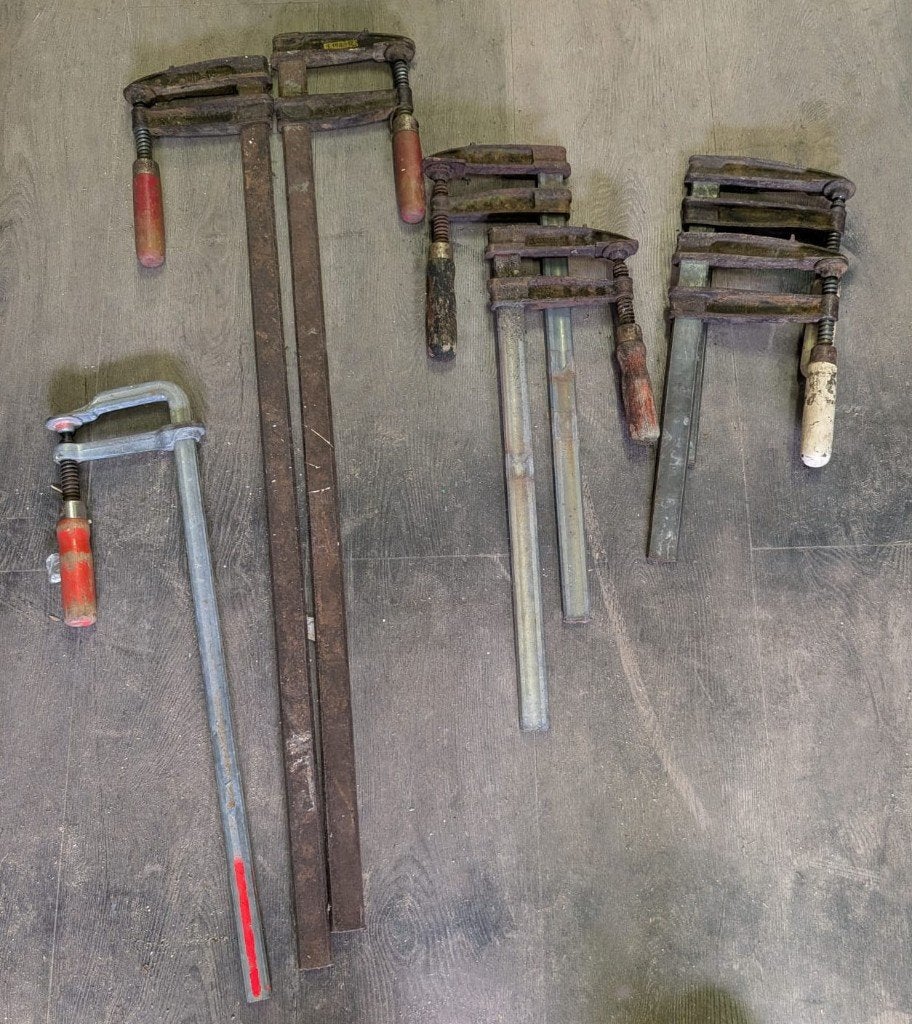 7 zware stalen lijmklemmen / F-klemmen (diverse lengtes), Ophalen, Gebruikt, Klem
