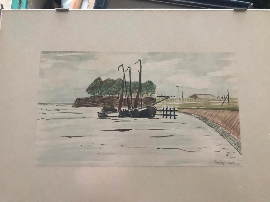 aquarel boot aan aanlegsteiger boeren landschap, Antiek en Kunst, Ophalen of Verzenden