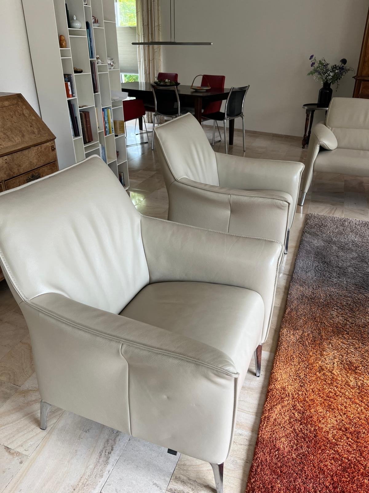 Leolux zithoek: Driezitsbank en 2 fauteuils met glazen tafel, Ophalen, Gebruikt, Leer