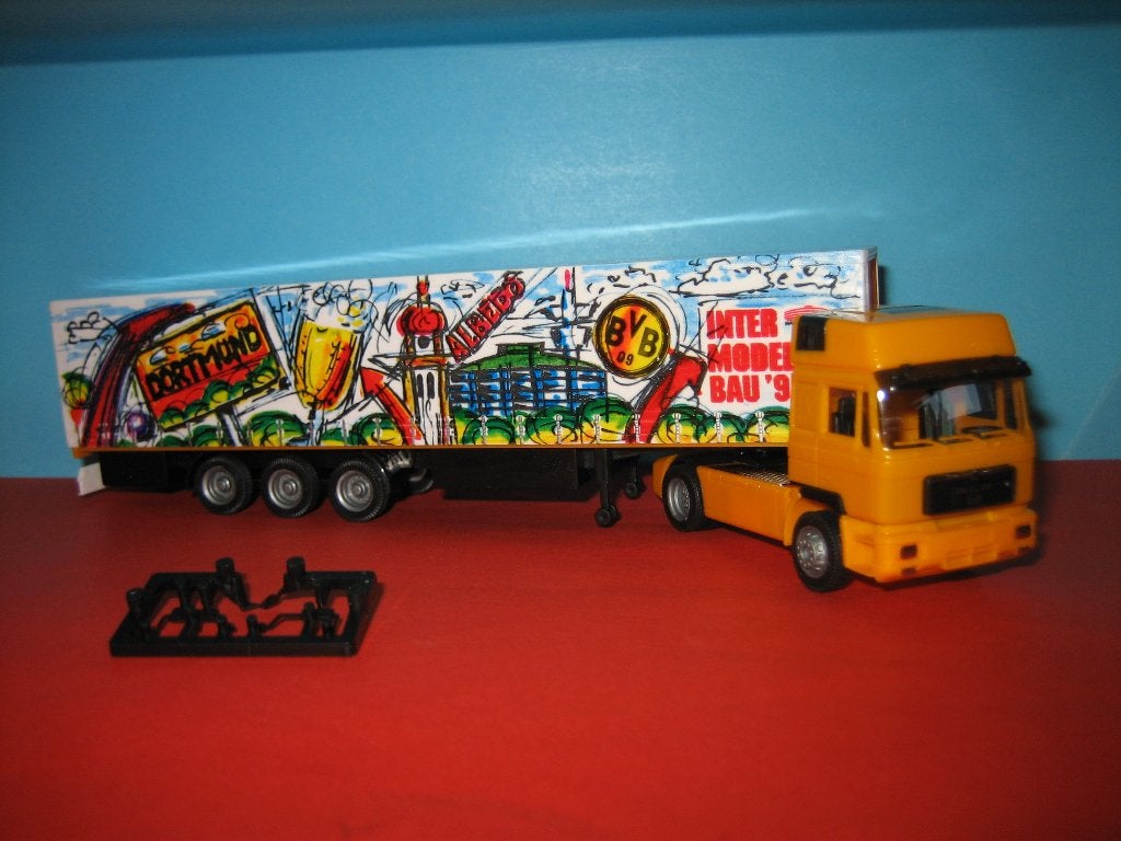 Dortmund 1995  MAN met oplegger  Herpa/Albedo, Ophalen of Verzenden, Zo goed als nieuw, Bus of Vrachtwagen, Herpa