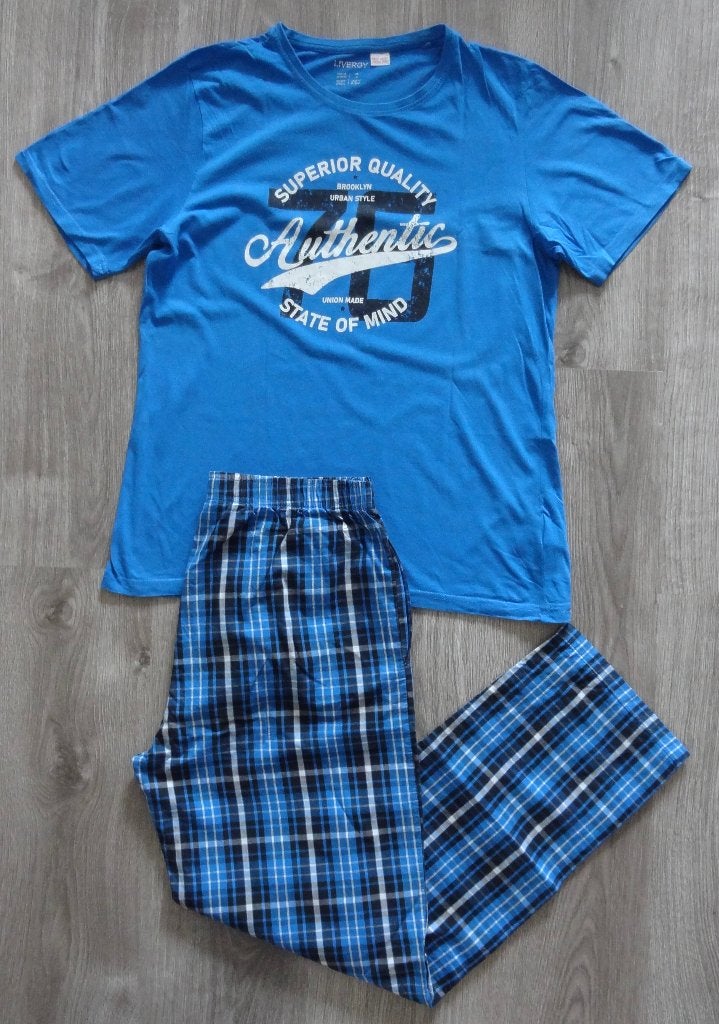 Blauwe heren pyjama maat M korte mouw, lange broek, Ophalen of Verzenden, Zo goed als nieuw, Maat 48/50 (M)