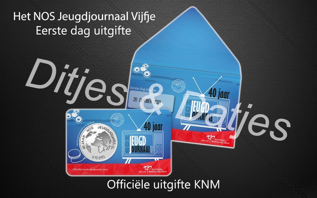Eerste dag uitgifte Jeugdjournaal Vijfje coincard KNM, Postzegels en Munten, Munten | Nederland, Ophalen of Verzenden, Koningin Beatrix