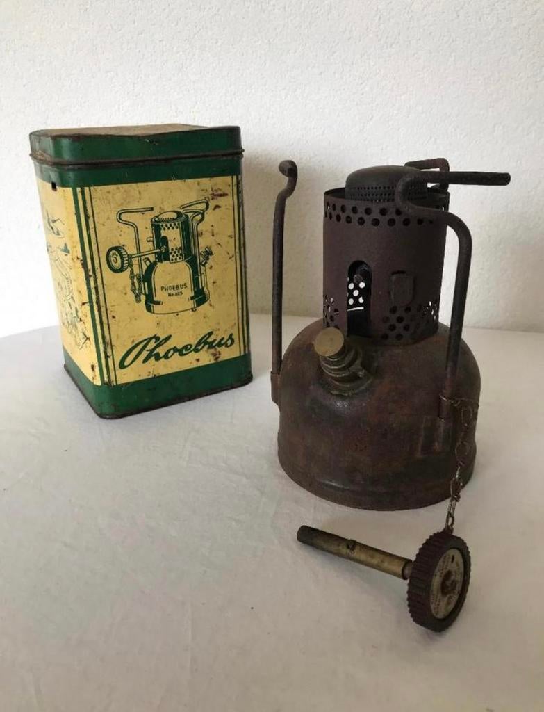 Vintage Phoebus 625 Primus Petroleumbrander + bewaarblik, Antiek en Kunst, Ophalen of Verzenden