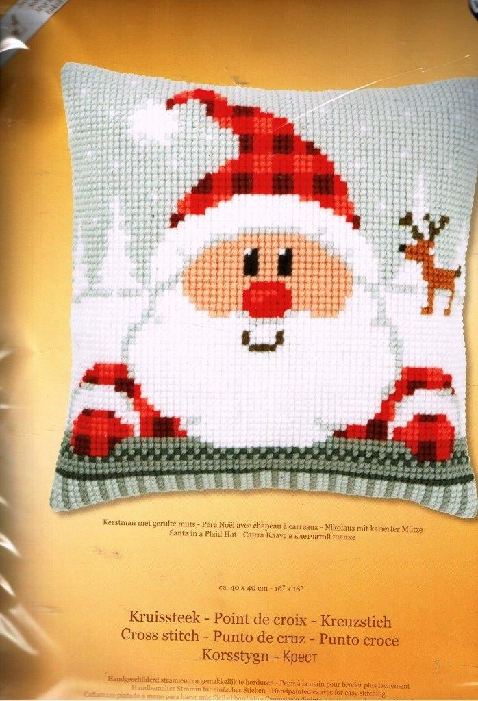 Cado vervaco borduurpakket kussen kerstman met geruite muts, Ophalen of Verzenden, Nieuw, Borduurpakket