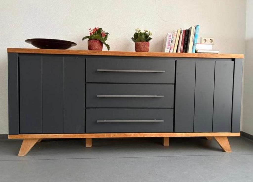 Henders & Hazel dressoir – modern eiken/zwart – 190 cm, Ophalen, 150 tot 200 cm, Eikenhout, Zo goed als nieuw