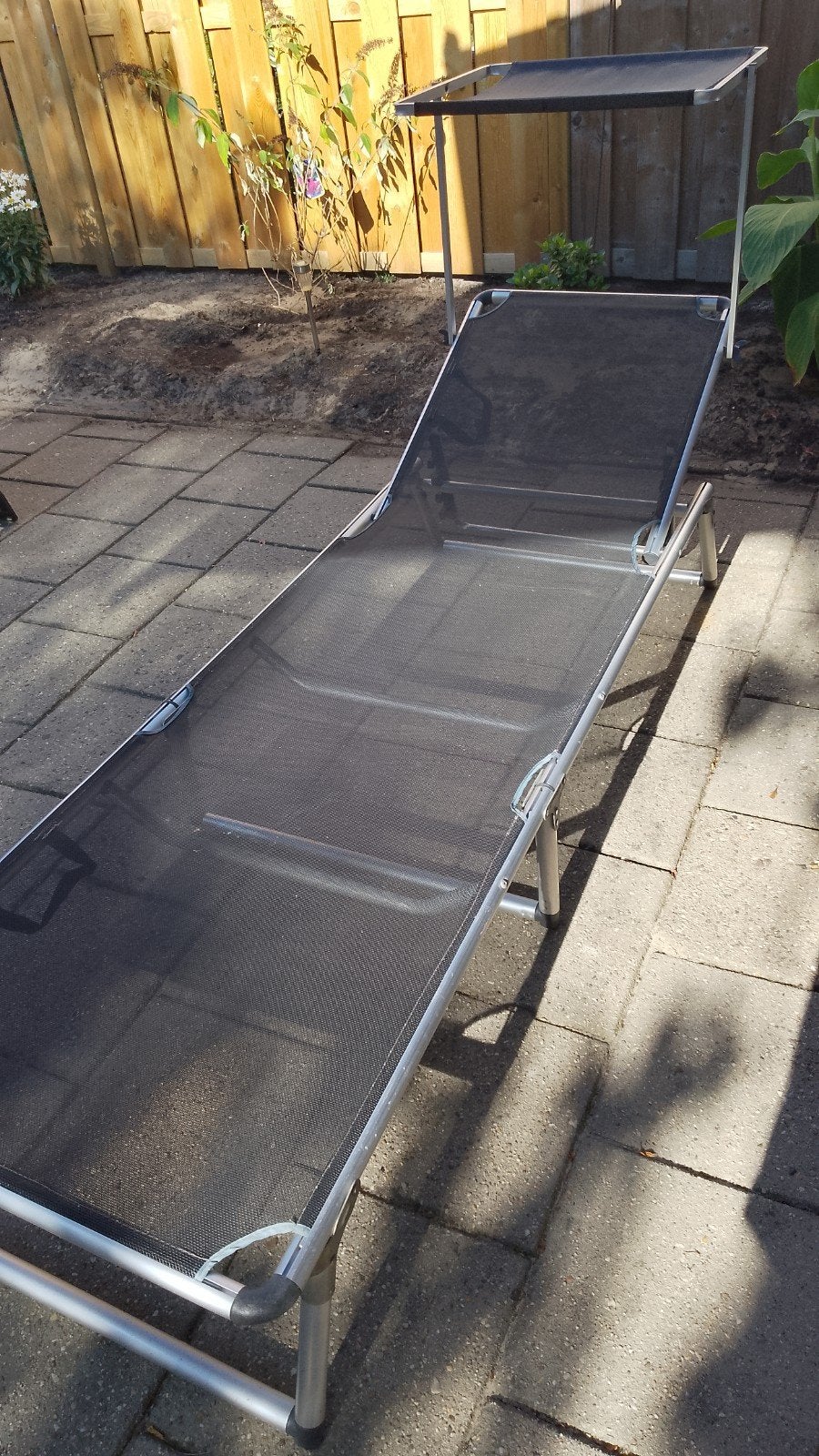 Ligbed met zonnekap - Aluminium en Textileen, Ophalen, Gebruikt, Aluminium, Verstelbaar