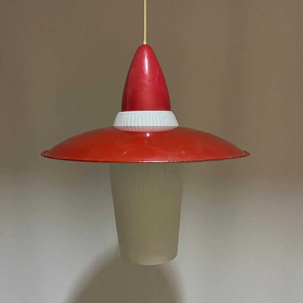 Vintage jaren 50 60 hanglamp Hoso glas kunststof, Huis en Inrichting, Glas, Gebruikt, Hoso, Kunststof
