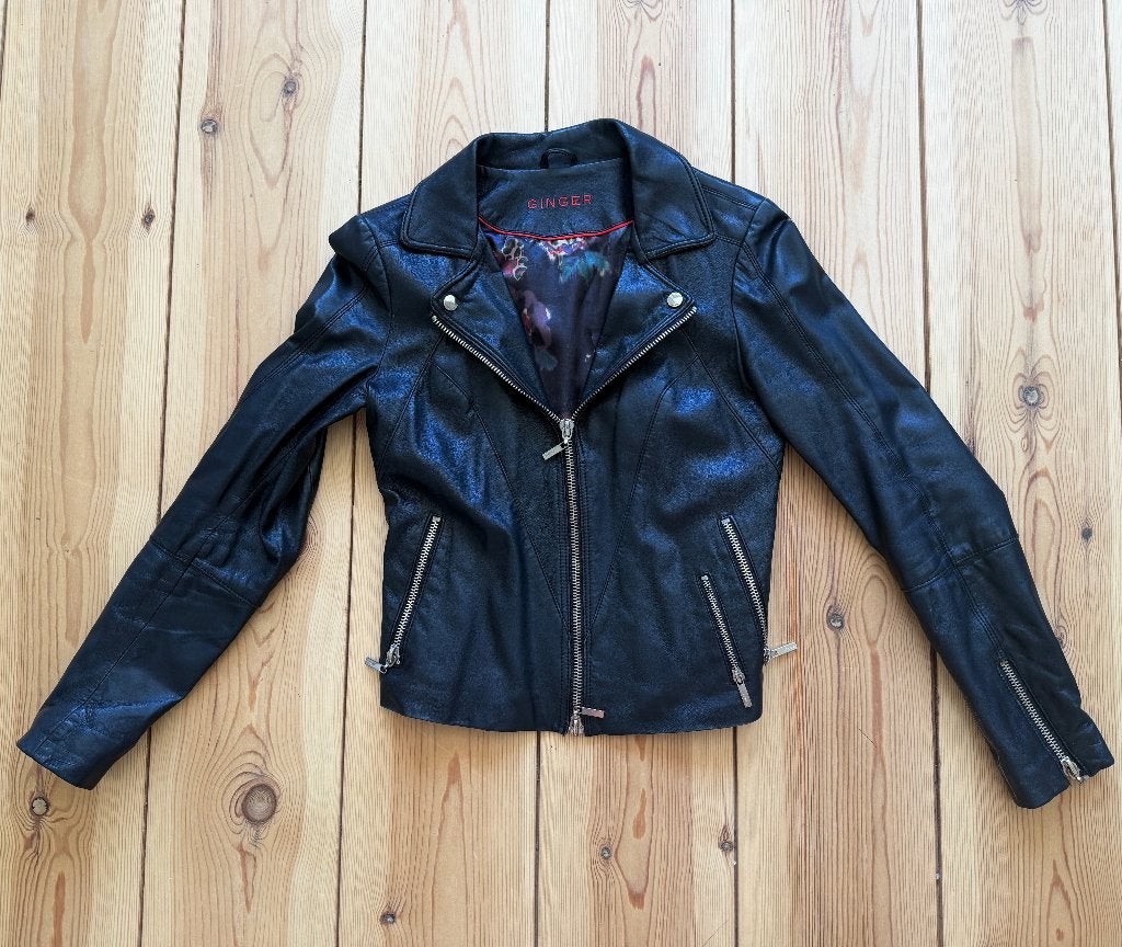 Ginger leren jas / biker jacket - Zwart Leer - Small, Zwart, Ophalen of Verzenden, Zo goed als nieuw, Jasje