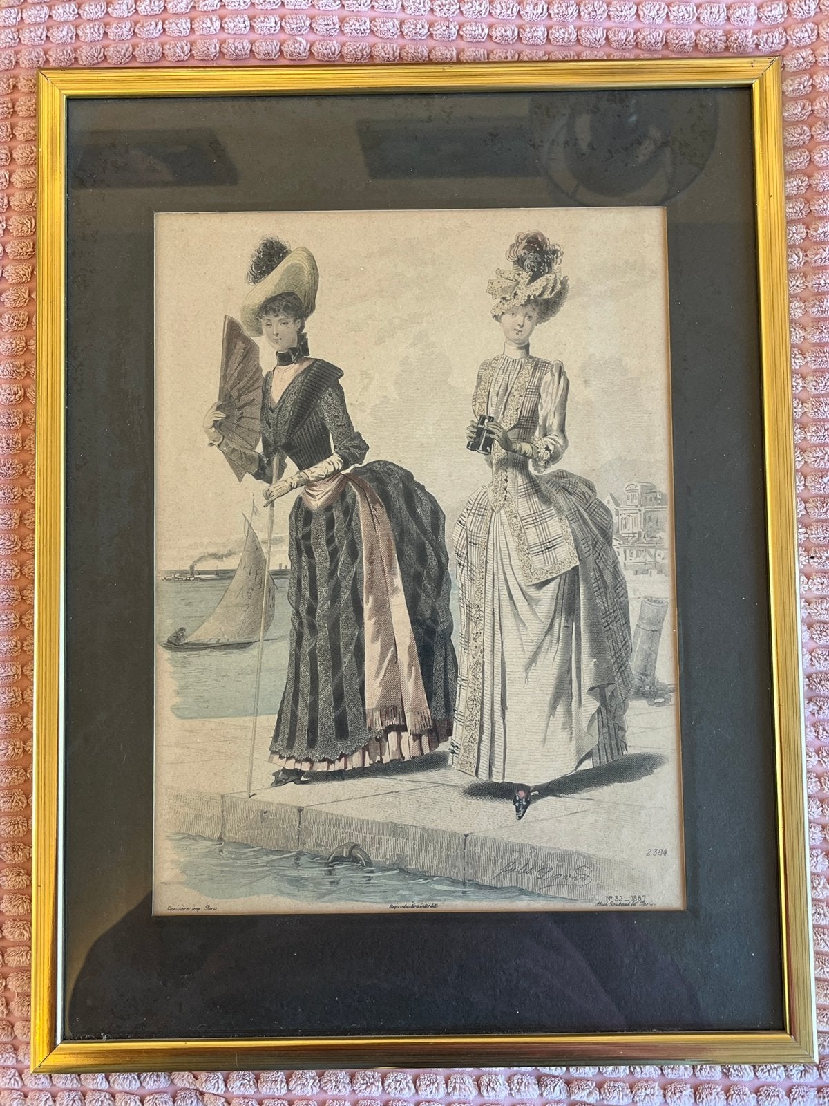 Antieke mode prent Jules David, 1887, ingelijst, Antiek en Kunst, 1800 - 1899, Verzenden, Mode, Gesigneerd