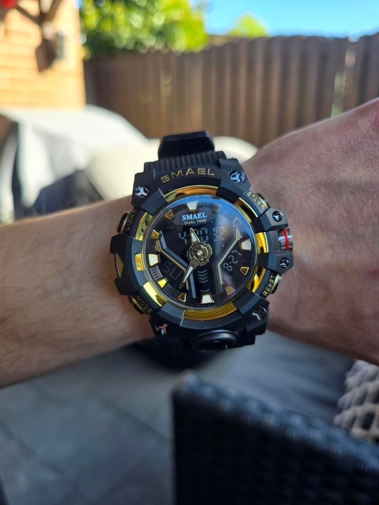 Smael Sportief Horloge - Zwart/Goud Digitaal & Analoog, Ophalen, Smael, Zwart, Nieuw