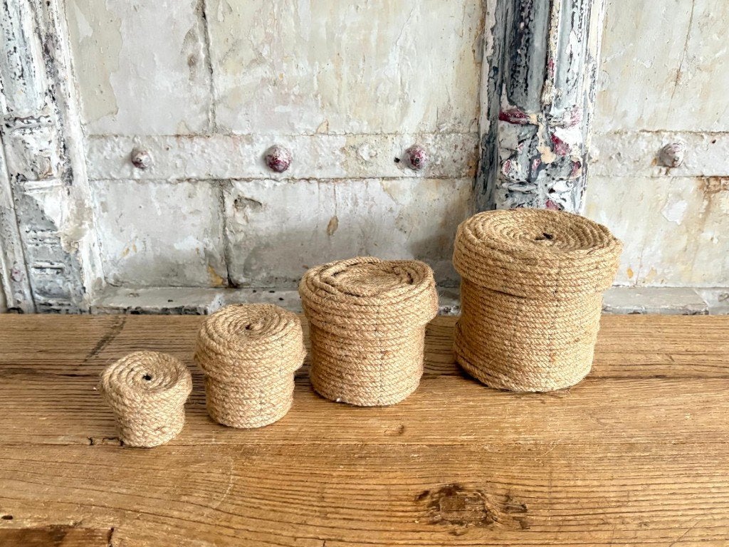Set van vier jute doosjes - stoer sober Ibiza Style, Ophalen of Verzenden, Rond, Riet