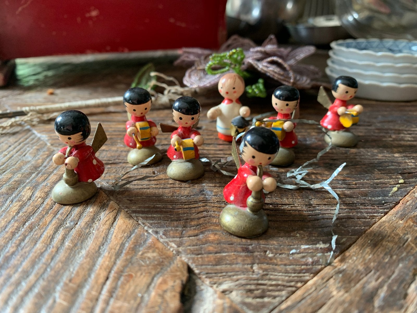 Vintage Erzgebirge Houten Engeltjes Muzikanten Set, Gebruikt, T, Ophalen of Verzenden, N